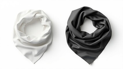 Blank black and white silk twill scarf mockup, top-down view, 3D rendering. Unused tweed or silk headscarf accessories mockup, isolated. Transparent fabric or chiffon square neckerchief cover templ...