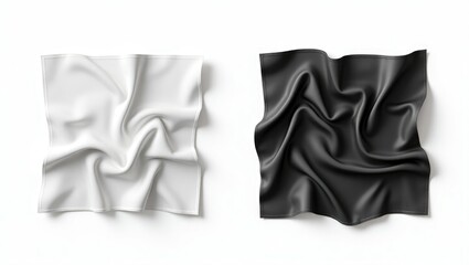 Blank black and white twill silk scarf mockup viewed from the top, in 3D rendering. Empty tweed or silken headscarf accessories mockup, isolated. Clear fabric or chiffon square neckerchief cover te...