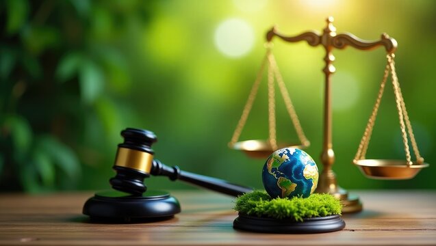 Green World Law. Gavel and scales of justice on a green background represent the law for sustainable environmental conservation principles. Legislation that regulates human interaction with the env...
