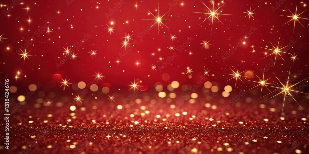 Aufkleber sparkling red background with a scattering of golden stars and a blurry bokeh effect