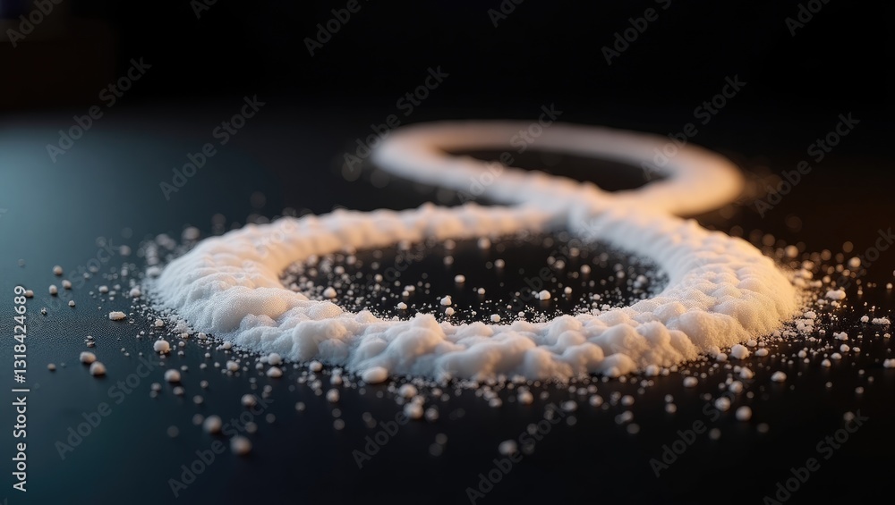 Poster close-up of white crystal substance creating a curved path on dark surface displaying textured detai
