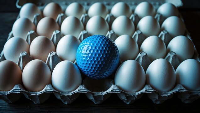 Golf ball placed among eggs in an egg carton