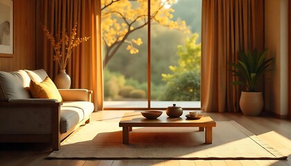 A comfortable living room with natural light and nature view