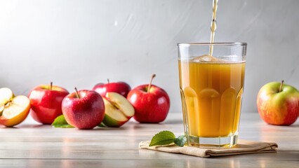 Freshly squeezed apple juice drips from a glass onto a clean white surface , Glass, Juice spill