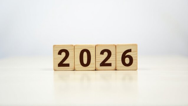 2026 year block on a table, with concepts of goal, resolution, strategy, plan, start, budget, mission, action, motivation, and New Year.