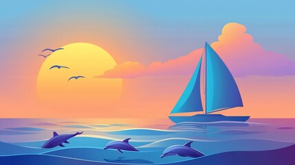 Naklejka premium Sailing at Sunset with Dolphins a Peaceful Seascape of Warm Colors and Gentle Waves