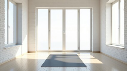 Fototapeta premium Bright white gym interior featuring a black yoga mat and large windows.