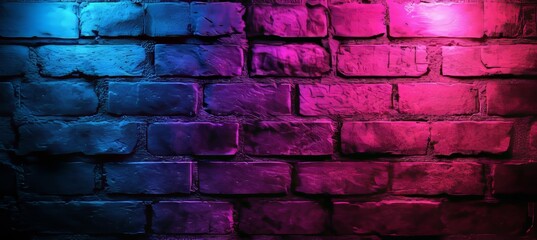 A wall made of brick featuring a gradient of neon lights in blue, pink, and purple hues that can serve as a background