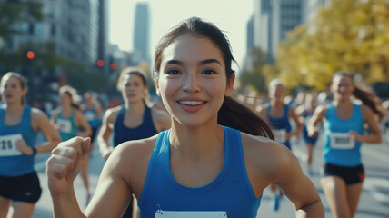 woman running joyful and pleasant expression. She is crossing the finish line, touching the ribbon while slightly raising her arms in celebration.