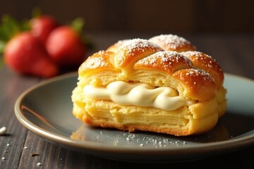 Cream-filled puff pastry in golden brown color, choux pastry, desserts, pastry