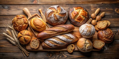 Freshly baked breads arranged on a wooden cutting board, showcasing an assortment of textures and colors, fresh bread, various bread types