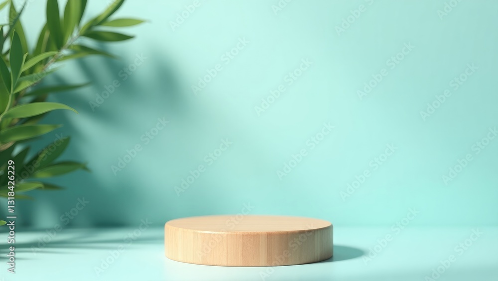 Poster abstract empty wood slice podium featuring leaves and shadows against a blue background. mock-up sta