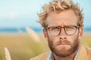 Young Bearded Man with Glasses in Nature: Thoughtful Expression and Casual Style