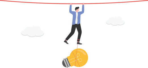 An illustration of a businessman hanging on a rope with a idea hanging to his feet

