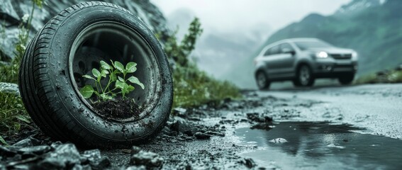 A vibrant green plant emerges from an abandoned tire beside a wet road.