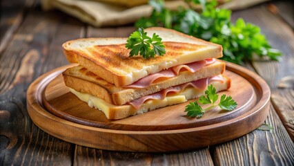 Toasted sandwich with crispy ham and melted cheese on a wooden plate, garnished with fresh parsley, in a cozy breakfast setting