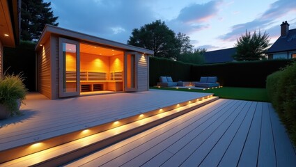Ash grey composite decking designed on two levels in a back garden featuring low voltage deck lights installed as well. Ideal image for a landscape gardener.