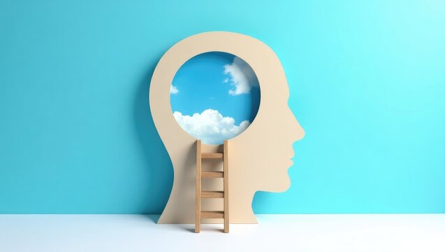 Male head paper cutout featuring a wooden step ladder ascending to the open window in the brain area, revealing floating clouds. Background related to calming mindfulness meditation.