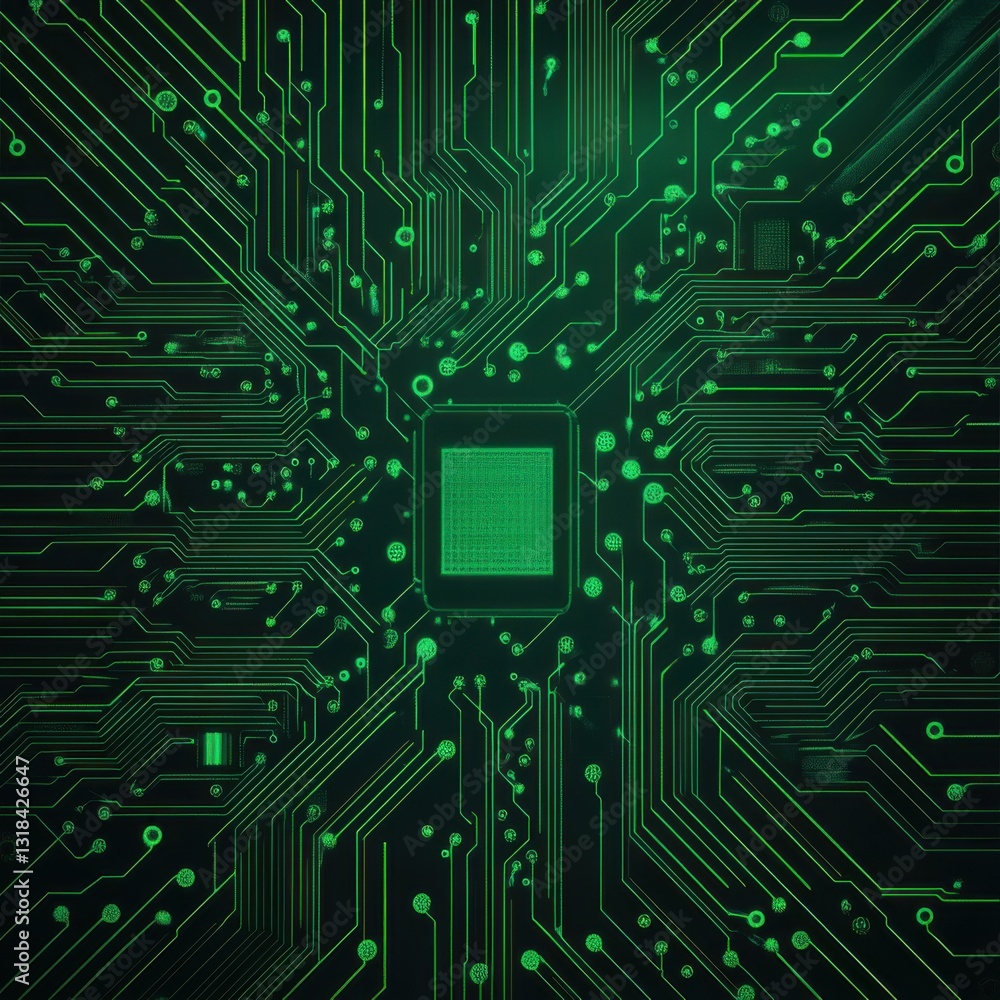 Poster abstract circuit board design featuring green tones and intricate patterns.