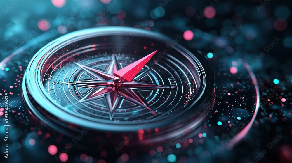 Poster a stylized compass icon with a red arrow pointing north, surrounded by concentric circles and a subt