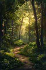 Fototapeta premium Golden Hour in the Forest: Serene Landscape Featuring Lush Greenery and a Meandering Pathway