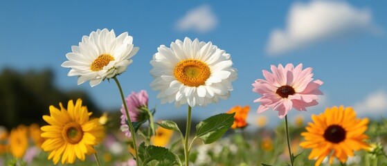 Vibrant Bloom: Daisies and Wildflowers Under a Sunny Sky in Spring Field
