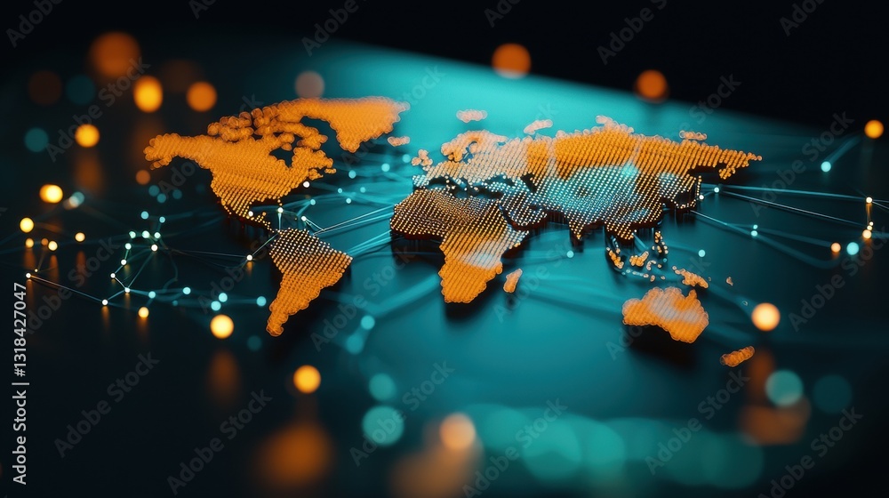 Poster a world map with a glowing network of lines and dots, representing global connectivity and the inter