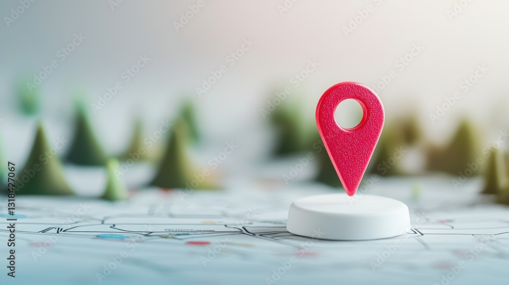 Poster a 3d location pin with a glossy red surface and a white circular base, casting a realistic shadow on