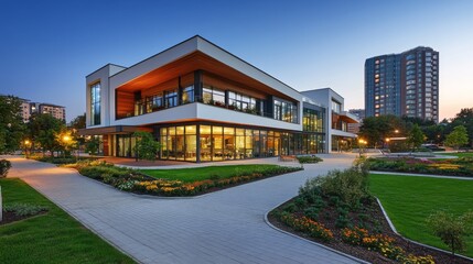 The tall, modern hotel building looms in the night, its sleek glass walls reflecting the city's twinkling lights