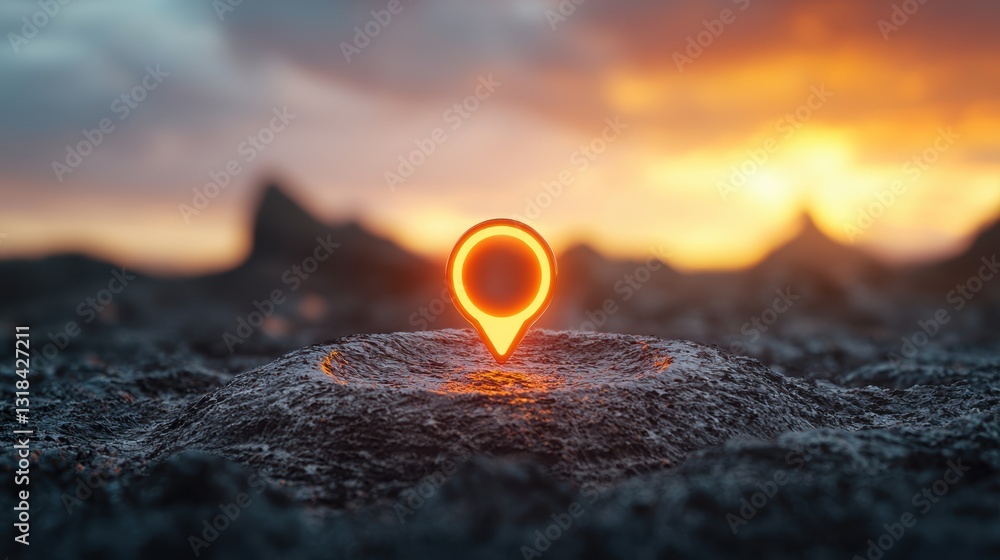 Poster a 3d location pin with a glowing ring of light around its base, pulsating gently, representing the d