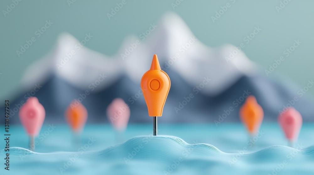 Poster a set of 3d location pins in various vibrant colors, each with a unique shape and design, floating a