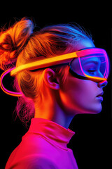 Fototapeta premium Futuristic Neon Portrait of Woman in Vibrant VR Headset