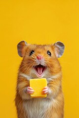 Fototapeta premium Happy Hamster Holding Cheese Against Bright Yellow Background