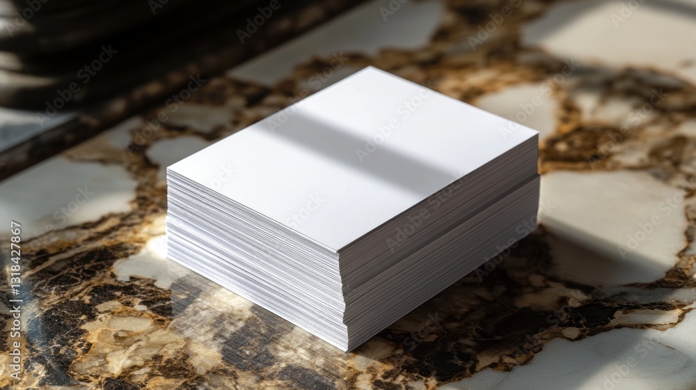 Poster a neat stack of blank business cards rests on an elegant marble surface, illuminated by warm afterno