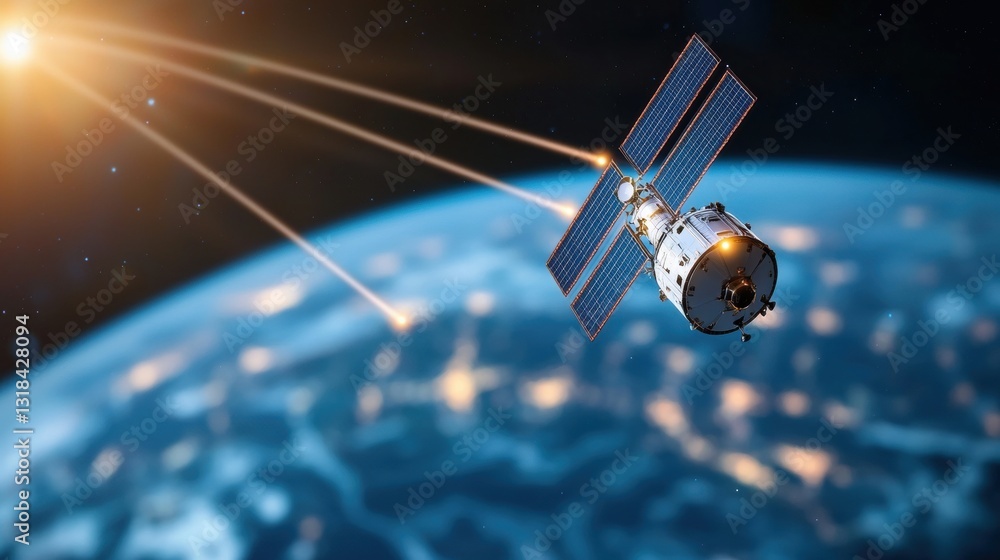 Poster satellite orbiting earth with beams of light connecting different parts of the world, visualizing th