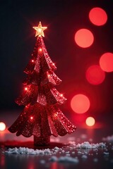 Glittering red Christmas tree with bokeh lights surrounding it, festive decoration, christmas tree lighting, red glitter christmas tree