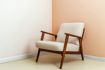 Mid-century style armchair, curved frame, peach and ivory gradient wall.
