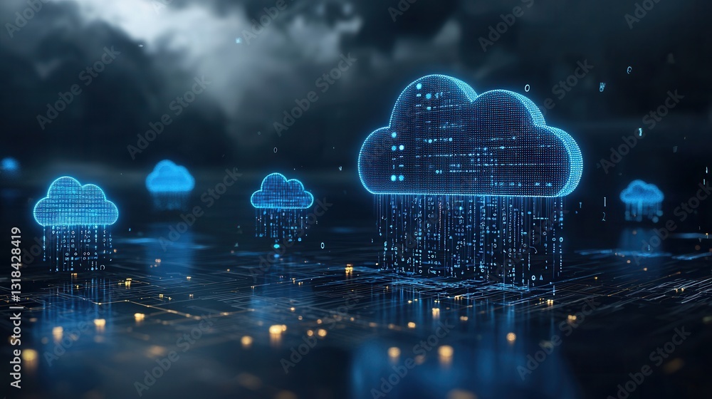 Poster cutting edge 3d rendered scene of a floating blue cloud network representing the digital future and 