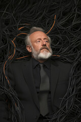 Fototapeta premium Businessman Surrounded by Networking Cables Contemplating Connectivity in a Digital World