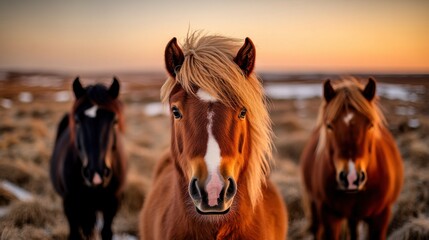 Three horses stand together in a picturesque sunset, showcasing their striking features and warm colors.
