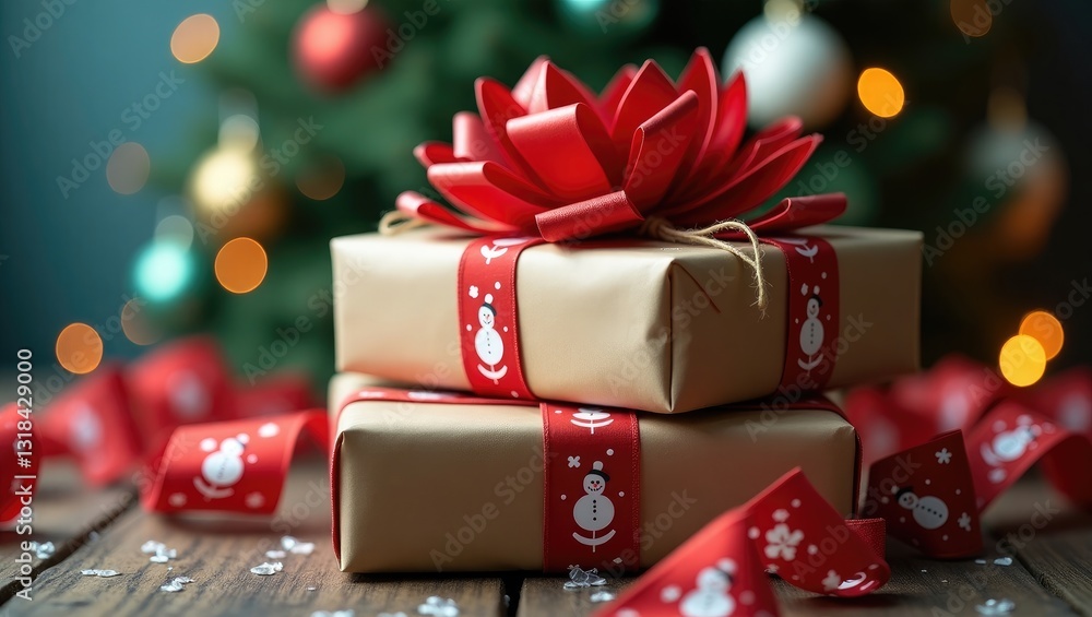 Poster gift boxes tied with a large red bow set against a bokeh background of twinkling party lights.