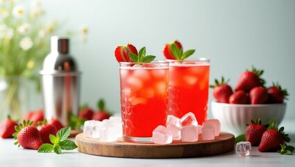 Cold summer strawberry cocktail featuring two glasses filled with fresh strawberry soda, ice cubes, mint, and bartender tools against a light backdrop. Iced strawberry lemonade, copy space.