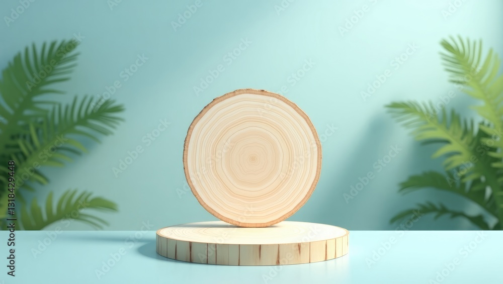 Poster abstract empty wood slice podium featuring leaves and shadows against a blue background. mock-up dis