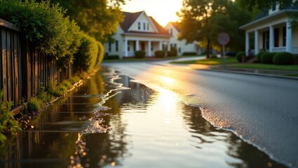 Fototapeta premium Flooded street in a neighborhood following a thunderstorm