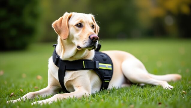 Guide dog, 2 years old, resting in the park