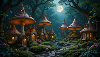 Obraz premium Enchanted Mushroom Village Fantasy Forest Art