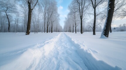 Fototapeta premium Snowy Pathway Through a Serene Winter Landscape with Frost-Covered Trees