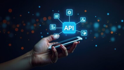 A hand holding a smartphone displays holographic icons linked to technology symbols set against an abstract background. Represents integration of online data and the concept of modern business soft...