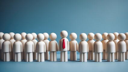 Staff recruitment. Headhunting. Numerous employees and selecting a leader from the group. HR. A cluster of businessmen with one in a red tie in the backdrop.