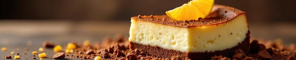 Creamy cheesecake base atop a bed of chocolate shavings, indulgent, citrus, cheesecake